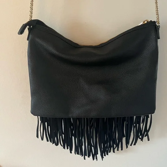 H&M Black Leather Fringe Crossbody Bag with Chain Strap Like New ! - Picture 2 of 5